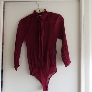 Accordion pleat sheer burgundy body suit